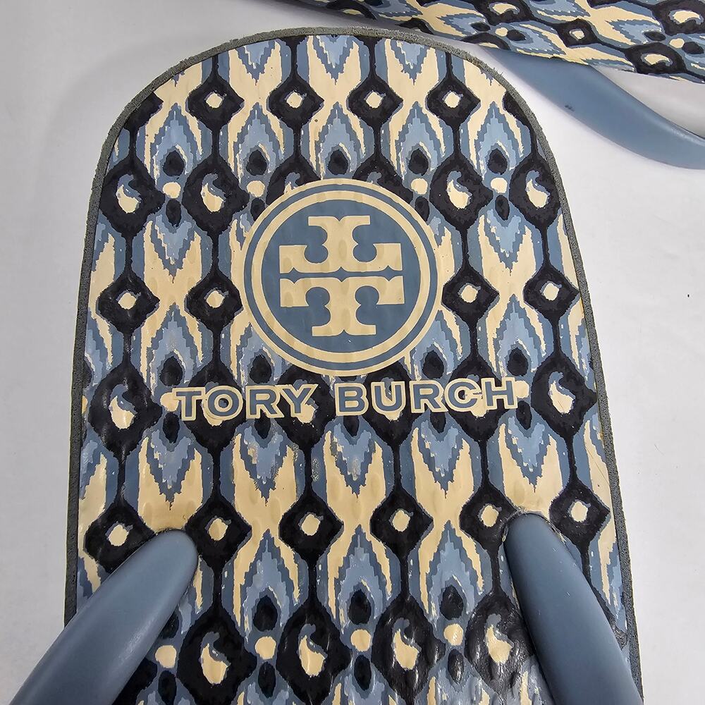 Tory Burch Blue Wedge Geometric Print Thong Flip Flop Sandals Size Unmarked 25cm - Picture 11 of 12